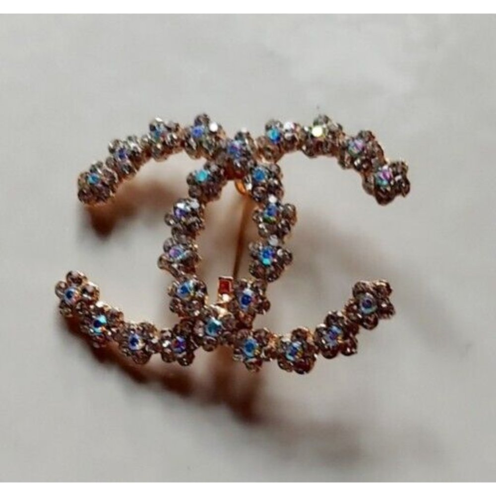 CC Brooch 1.5" AB Rhinestone Goldtoned Brooch Pin + Free Gift Bag - Picture 5 of 6